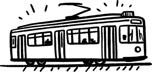 Hand drawn sketch of electric tram on tracks with vibrant lines for urban design