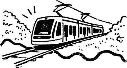 Dynamic sketch of electric tram on tracks with vibrant lines for urban design