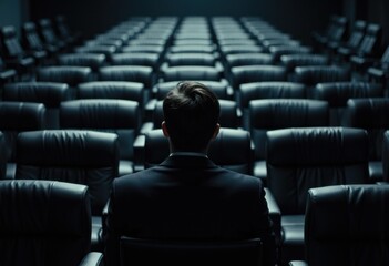 A man in a suit sits alone in a large, empty conference or theater room with rows of black chairs