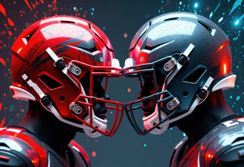 Fototapeta premium Two futuristic football helmets face each other with glowing effects and sparks