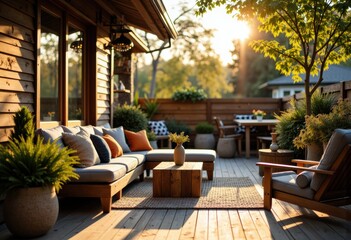 Cozy outdoor patio with comfortable seating and lush greenery during sunset