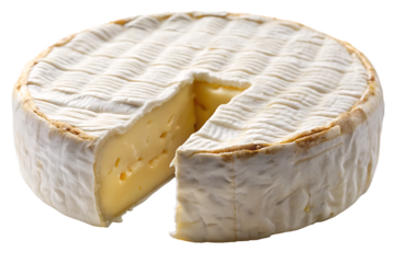 Round brie or camambert cheese with a wedge removed showing creamy interior isolated on a transparent background