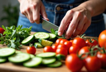 Person slicing fresh cucumbers on a wooden cutting board with tomatoes and herbs