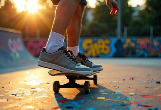 A person skateboarding at a colorful outdoor skatepark during sunset