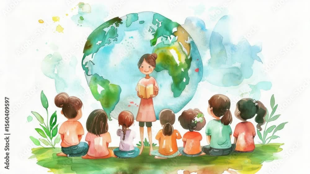 Poster children gather around a globe to learn about different countries and cultures