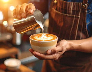 Artisan barista creating latte art cozy indoor  photography warm ambiance close-up view coffee culture showcase