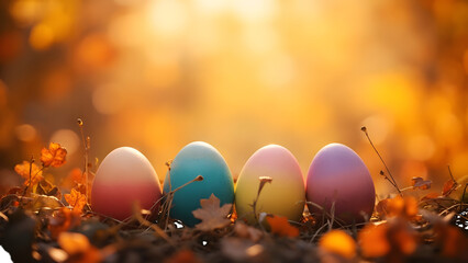 Four colorful easter eggs in autumn foliage isolated on a transparent background