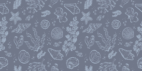 Seamless pattern with shells, corals and algae. Contour light pattern on a dark background. Suitable for backgrounds, textiles, covers, wrappers © Tati Star