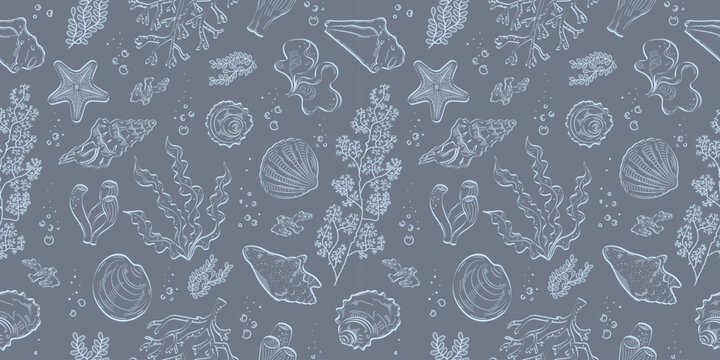 Seamless pattern with shells, corals and algae. Contour light pattern on a dark background. Suitable for backgrounds, textiles, covers, wrappers