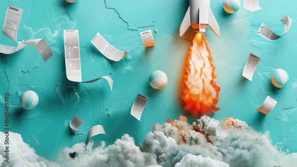 Poster a rocket blasting off with papers and documents flying out, ideal for use in scenes about innovation