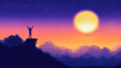 Silhouette on Pixelated Mountain Peak Under a Retro Sunset with Arms Raised in Joy - Powered by Adobe