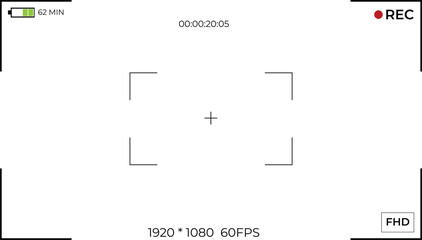 Viewfinder frame for video cameras. Template for camera recording screen overlay. Transparent PNG and vector graphic illustration.