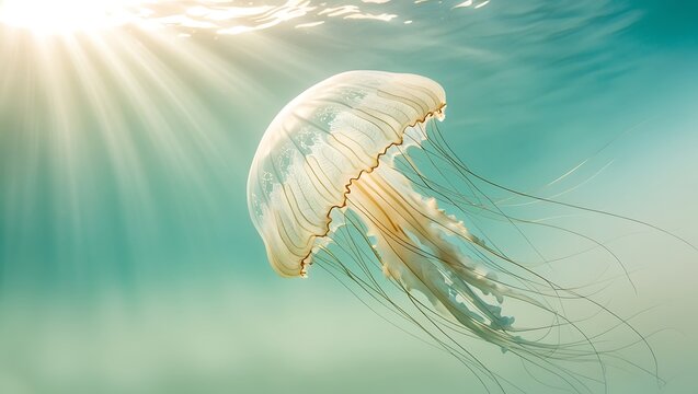 Mesmerizing jellyfish dances gracefully beneath the shimmering sunlight of the ocean depths - Powered by Adobe