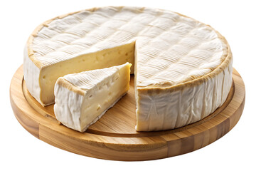 Round brie or camembert cheese with a slice removed on a wooden board isolated on a transparent background