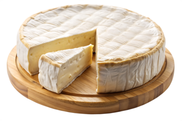 Round brie or camembert cheese with a slice removed on a wooden board isolated on a transparent background