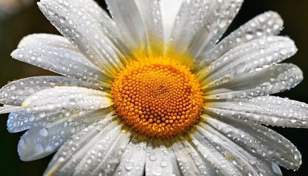 close up photography of a chamomile flower with dew drops on white petals and vibrant yellow center