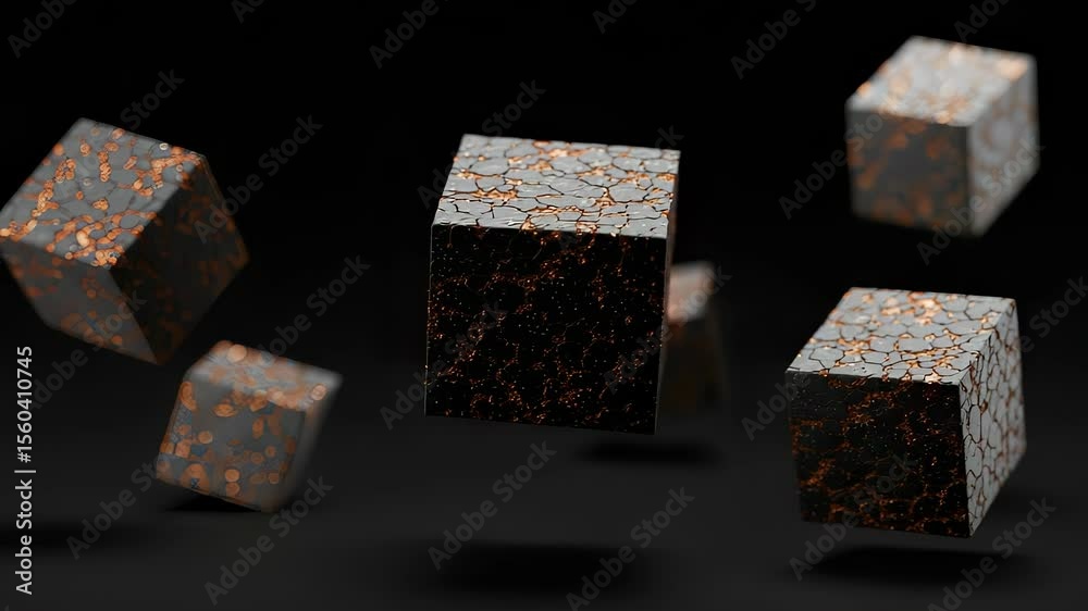 Wall mural floating textured cubes with glowing cracks: abstract 3d motion graphics background
