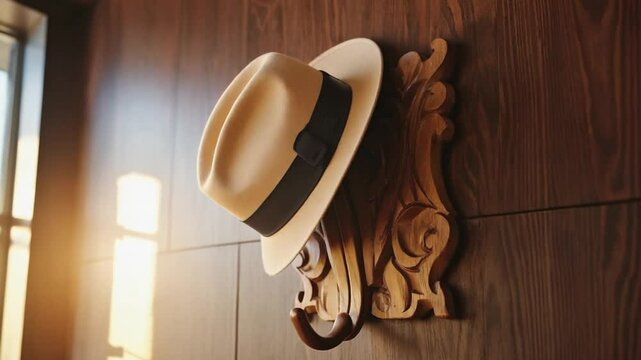 Wooden Hat Hook detailed wall hook holding fedora in warm video. Ai generated.