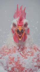 Muscular chicken with human arms standing in snow, surreal concept art character in winter setting
