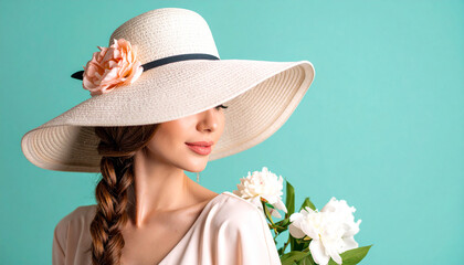 Elegant portrait of a beautiful woman in a wide-brimmed hat outdoor setting fashion photography vibrant colors close-up view capturing grace