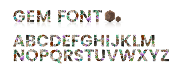 Gemstone display font created using individually photographed gemstones, rocks and minerals. 