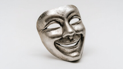 A smiling mask with silver plastic texture, shiny surface and artistic design, symbol of celebration, theater, party, and creative expression in modern decorative style.
