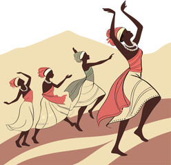 African Women Dancing in Traditional Costume Vector Illustration