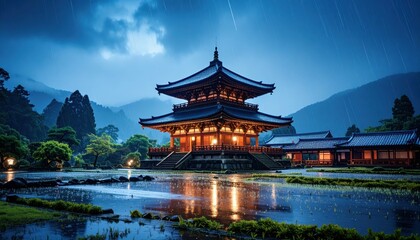 Naklejka premium Majestic Ancient Temple in Humid Rain Under Twilight Sky
