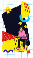 A colorful geometric back to school collage features a young student seated at a desk within a...