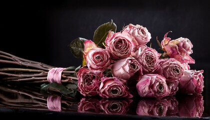 bouquet of wilted pink roses on dark background still life