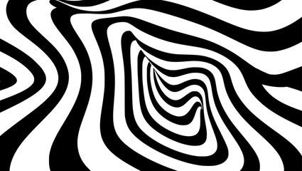 Swirling black and white pattern creates optical illusion with dynamic, wavy lines, forming a hypnotic and abstract, high-contrast visual experience