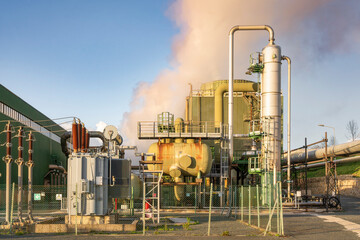 Geothermal energy. Pipelines of a plant in Larderello, Tuscany region, Italy