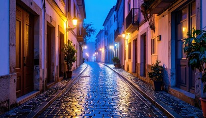 Fototapeta premium Twilight Alley with Cobbled Streets and Neon Reflections at Night