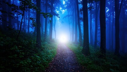 Fototapeta premium Mysterious Foggy Forest Trail with Blue Twilight Halos and Humidity