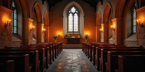 Fototapeta premium Candlelight Illuminates Rustic Church Interior Peaceful, Spiritual Scene of Aged Wood Pews and Stone Walls, Perfect for Faith, Hope, and Tranquility Themes.