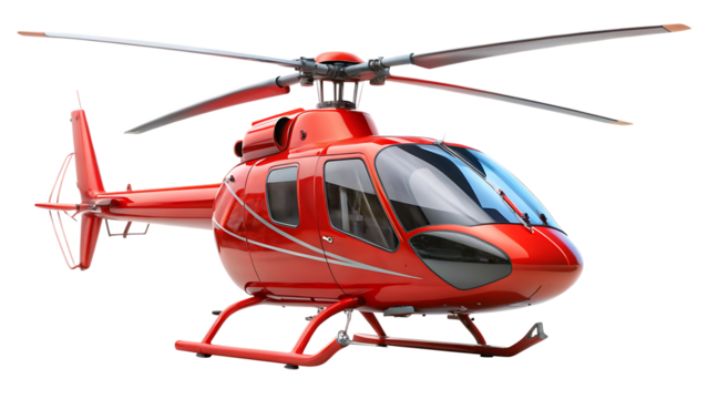 Shiny red luxury helicopter with silver accents and tinted windows isolated on a transparent background