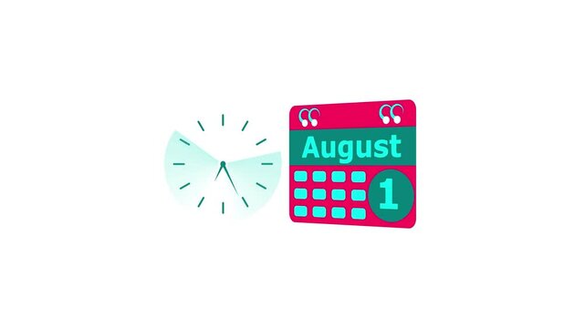 September month 1 date calendar icon and cyan color clock animation. Digital calendar month concept design on White background.