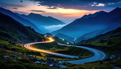 Fototapeta premium Serene Twilight Panorama of Mountain Pass with Shimmering Road