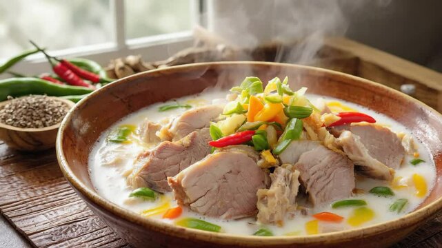Filipino bicol express, spicy pork stew cooked with coconut milk and chili, served in a traditional bowl
