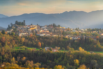 Barga village view at sunset in autumn. Garfagnana, Tuscany, Italy.