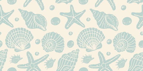 Block print seashells vector pattern. Seamless vintage pattern with tropical beach shells. Summer vacation design	