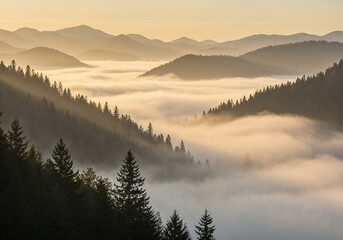 Obraz premium Misty Mountain Pass with Golden Sunrise Fog and Layered Evergreen Forest in Dreamy Atmospheric Light