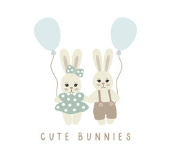 Illustration of cute bunnies with balls on a white background.