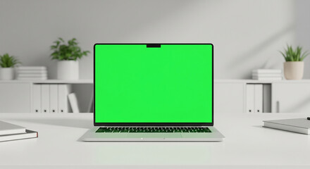 Laptop Mockups with Green Screens &ndash; Office Backgrounds Blurred, No People &ndash; UI/UX Design Presentation, Product Display, and Branding Showcase Ready