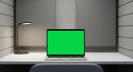 Laptop Mockups with Green Screens – Office Backgrounds Blurred, No People – UI/UX Design Presentation, Product Display, and Branding Showcase Ready