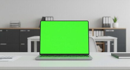 Laptop Mockups with Green Screens – Office Backgrounds Blurred, No People – UI/UX Design Presentation, Product Display, and Branding Showcase Ready