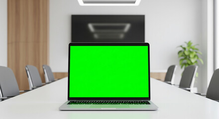 Laptop Mockups with Green Screens – Office Backgrounds Blurred, No People – UI/UX Design Presentation, Product Display, and Branding Showcase Ready