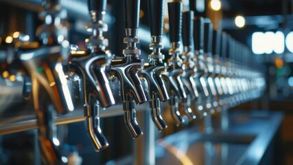A row of beer taps in a modern bar setting
