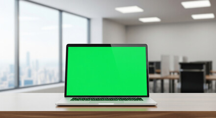 Laptop Mockups with Green Screens – Office Backgrounds Blurred, No People – UI/UX Design Presentation, Product Display, and Branding Showcase Ready