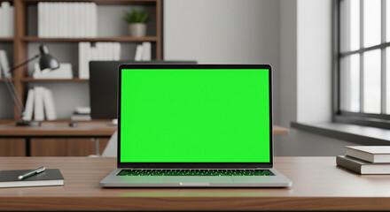 Laptop Mockups with Green Screens – Office Backgrounds Blurred, No People – UI/UX Design Presentation, Product Display, and Branding Showcase Ready